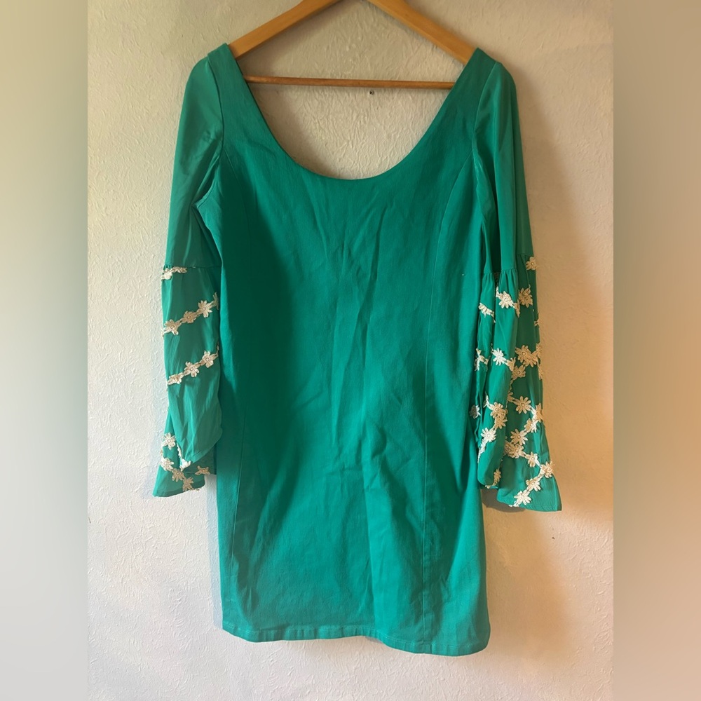 Judith March Teal Dress with Floral Sleeve Accents size L